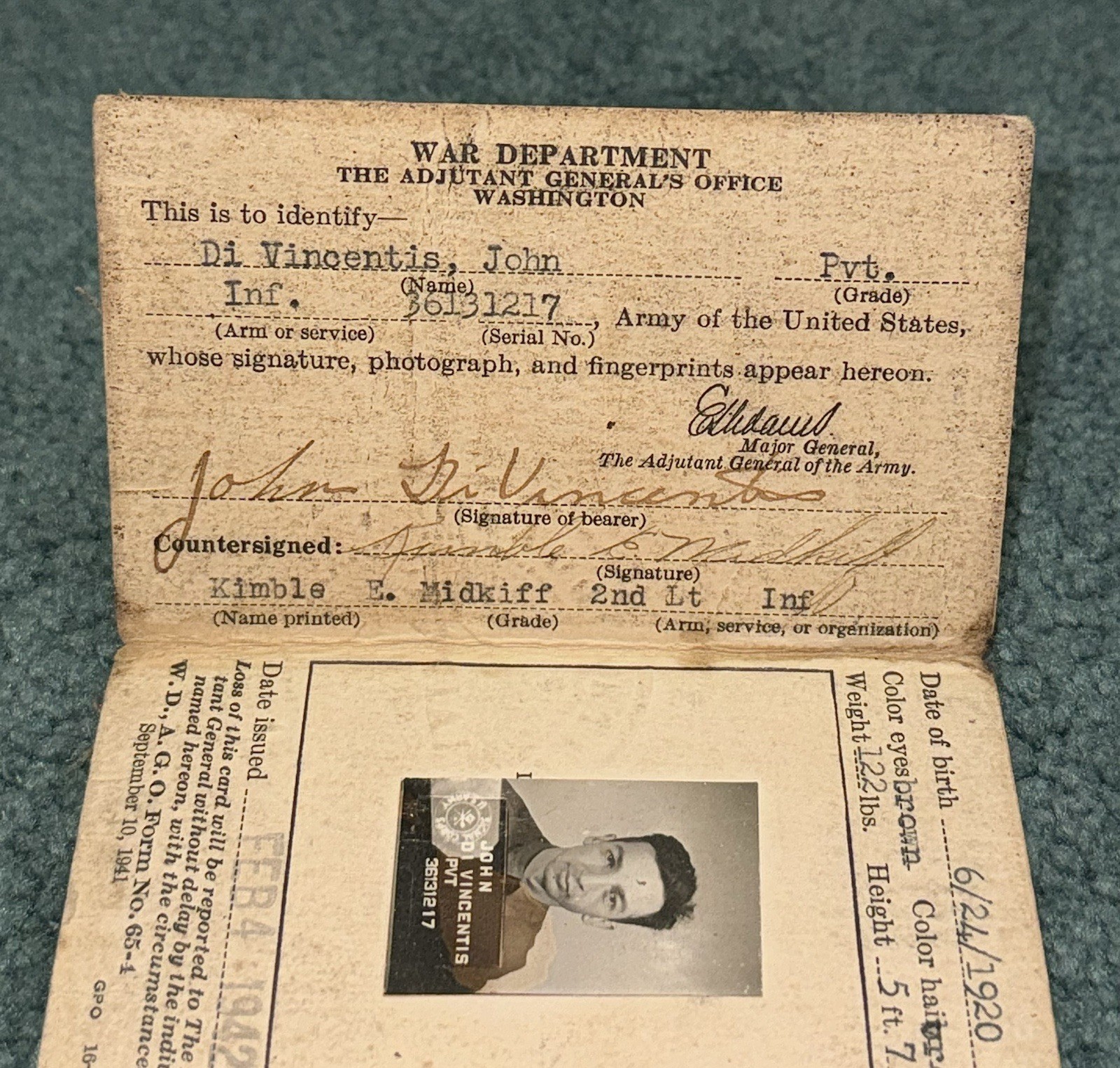 Original WWII US Army 34th Infantry Division 1942 ID Card