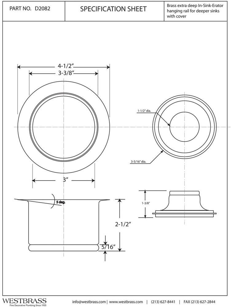Westbrass D2082-62 3-1/2" Extra-Deep Collar Kitchen Sink Waste Disposal Flang...