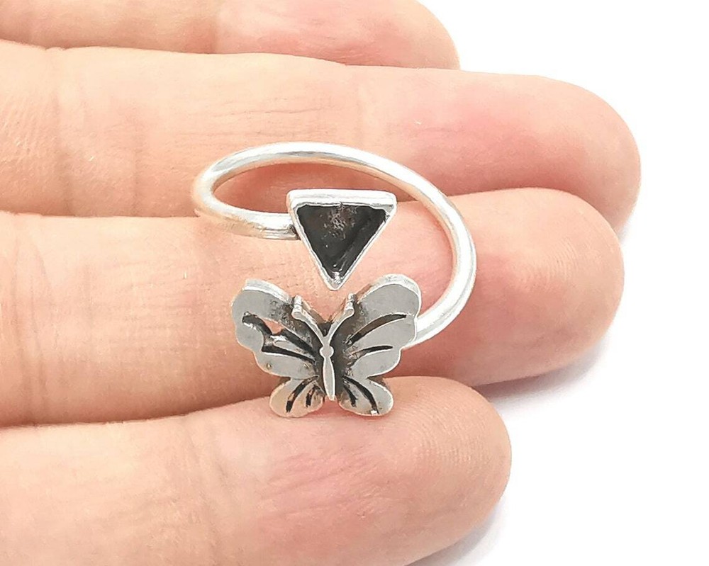 Butterfly Ring Blank Base Silver Round Setting Cabochon Adjustable Brass G26171