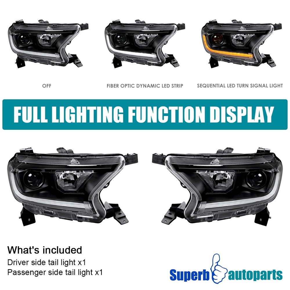 Fits 2019-2022 Ford Ranger Projector Headlight Sequential LED Switchback Black