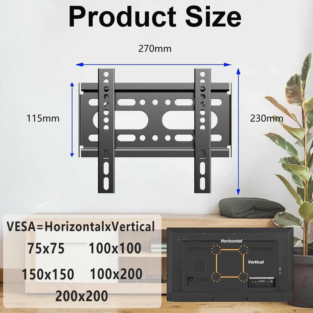 GLWIXY Fixed TV Wall Mount for 14-42" Flat Screen TVs, Small Black