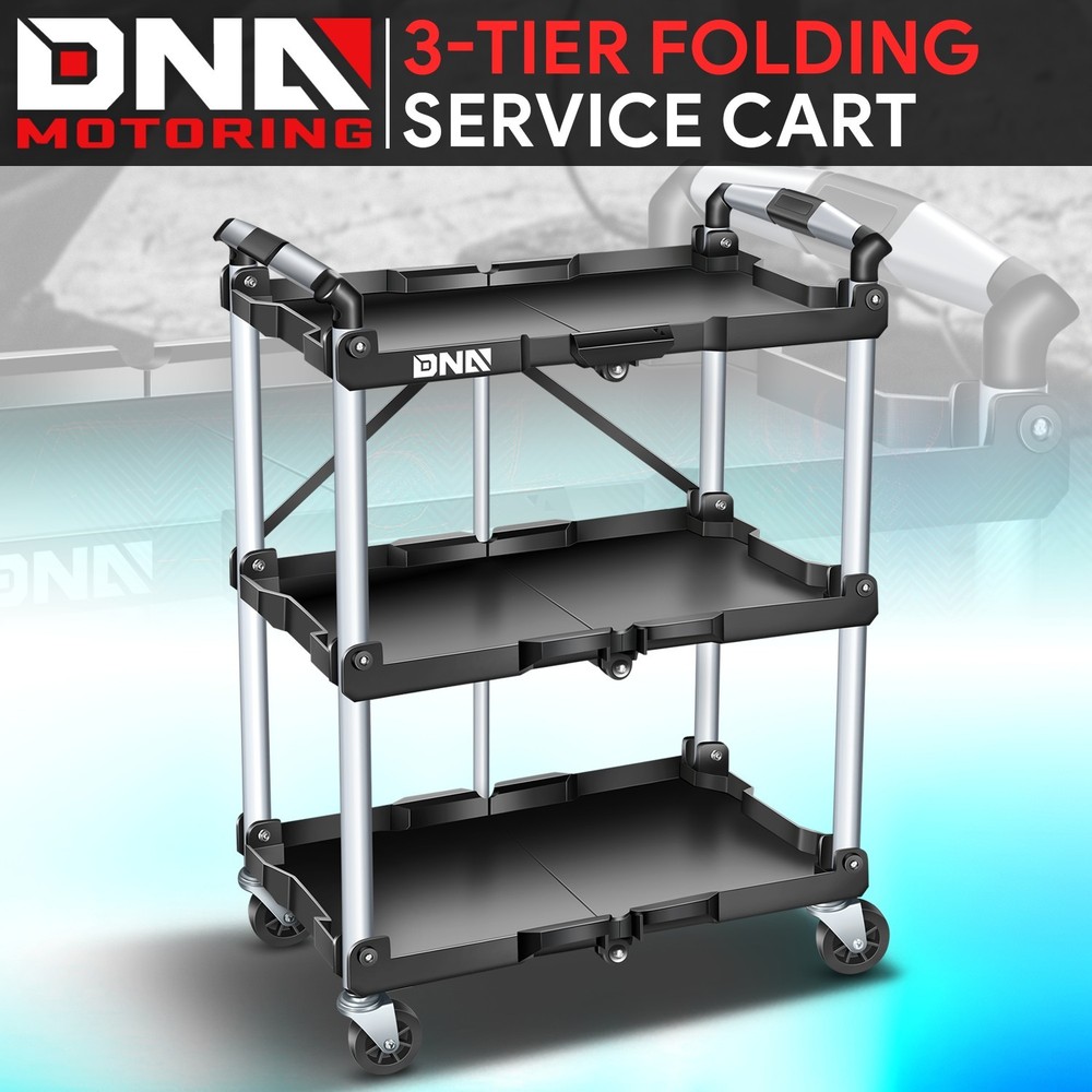 3 Level for Warehouse Garage Office Folding Service Cart With Casters Silver