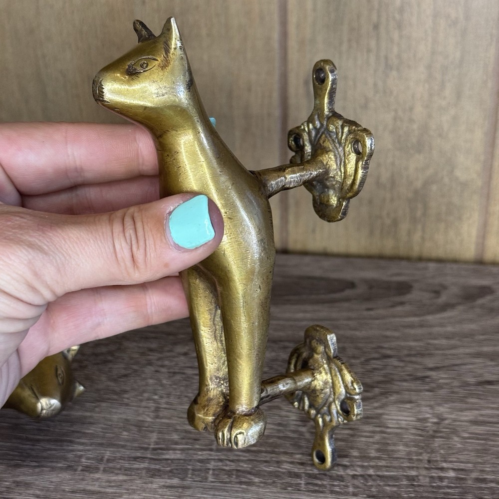 Brass Cat Design Wardrobe Pull Set Kitten Animal Theme Door Handle Two