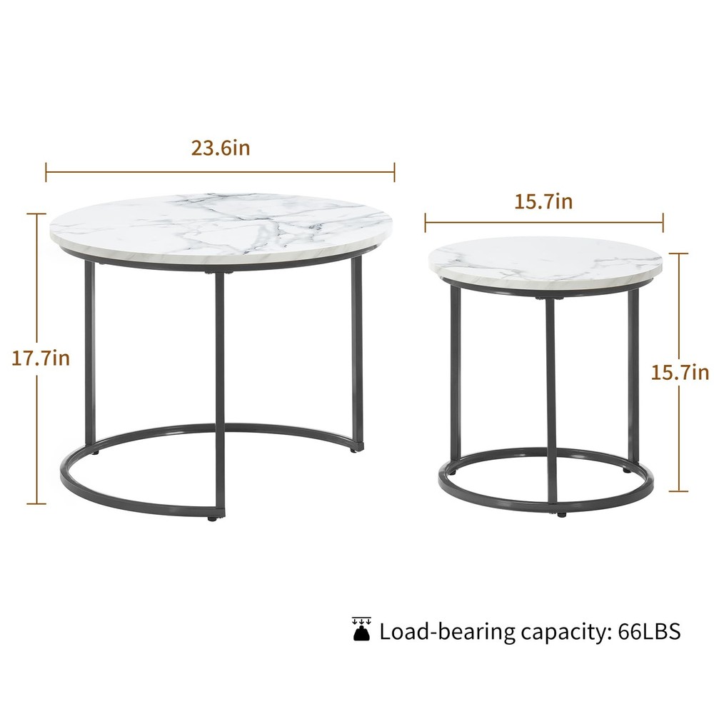 Round Nesting Coffee Table Set of 2, Modern Marble Pattern Wooden Nesting Tab...