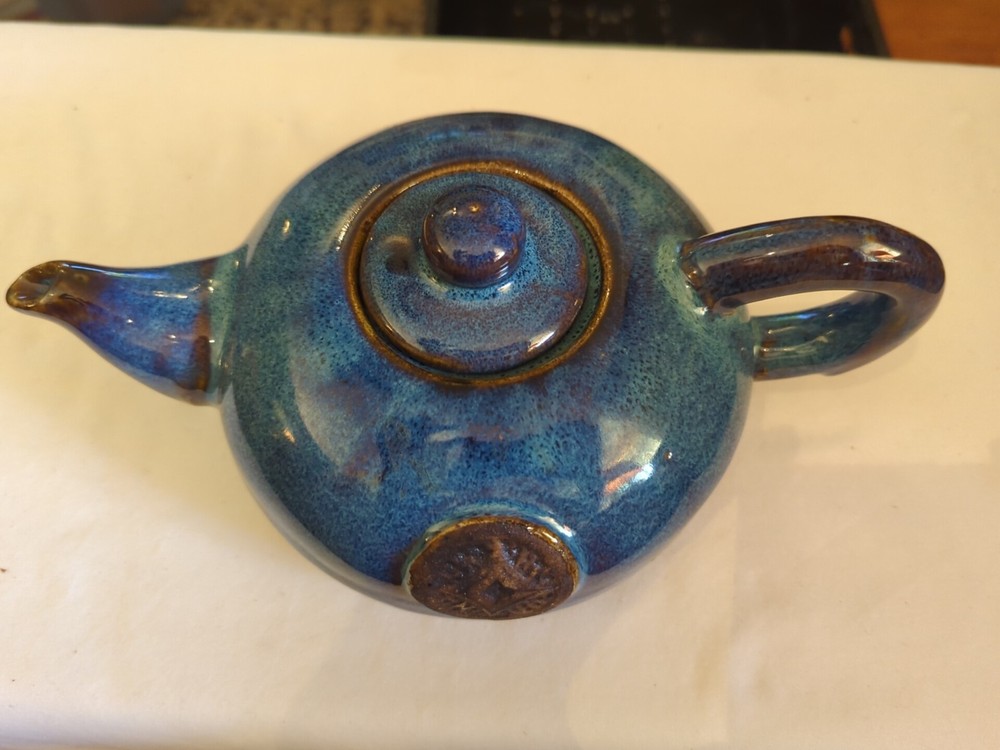 Pottery RUSTIC Blue High GLAZE Teapot With Unique Handle B8
