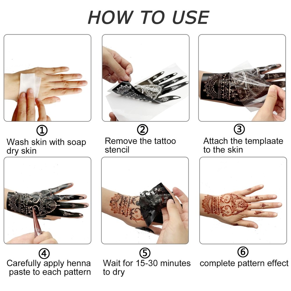 18 Sheet Henna tattoo kit Temporary Tattoo Stencils, Hands Medium, Black