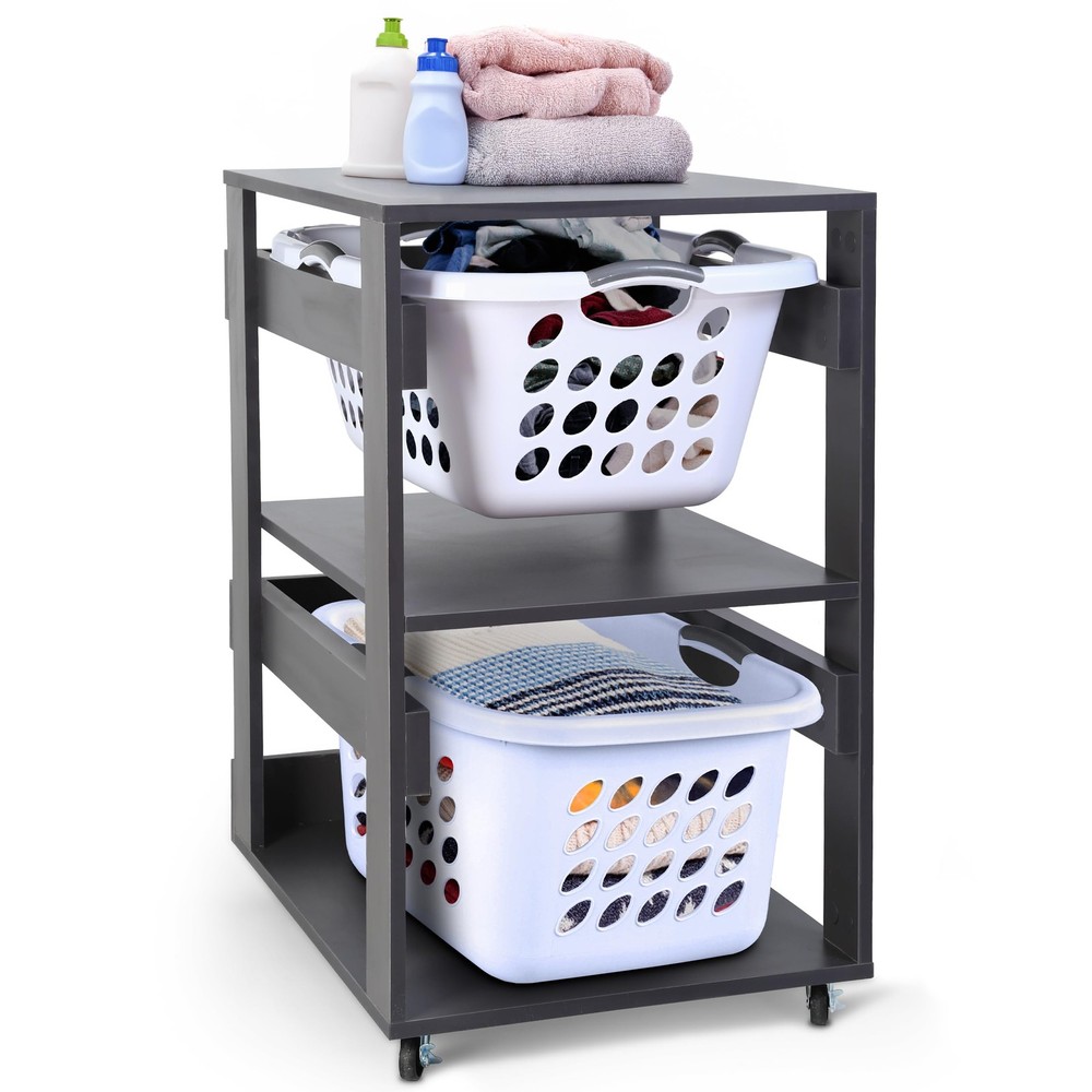 Laundry Basket Holder Shelf (2-Tier) - Stackable Engineered Wood Laundry Towe...