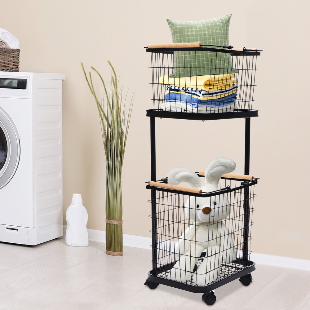 2 Tier Black Laundry Basket Metal Rectangular Laundry Basket With Wheels