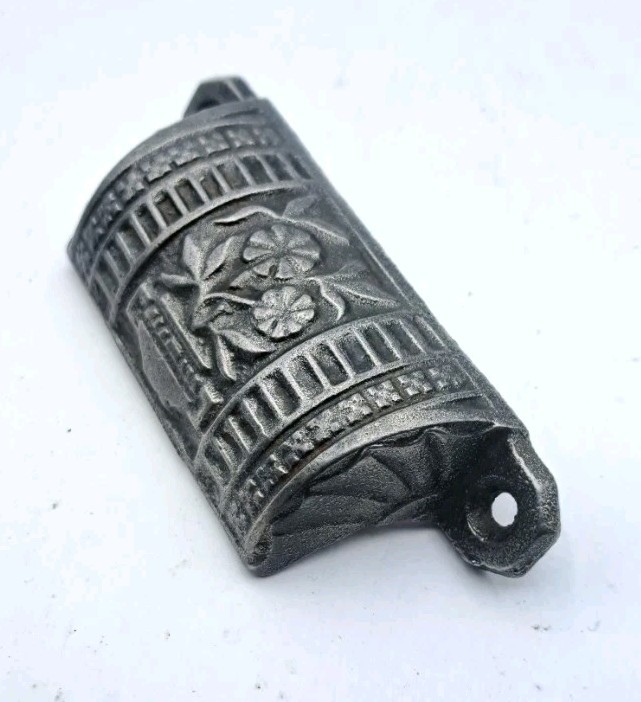 Antique Bin Pull of Flowers Drawer Pull Old Vintage Cast Iron Handle Hardware