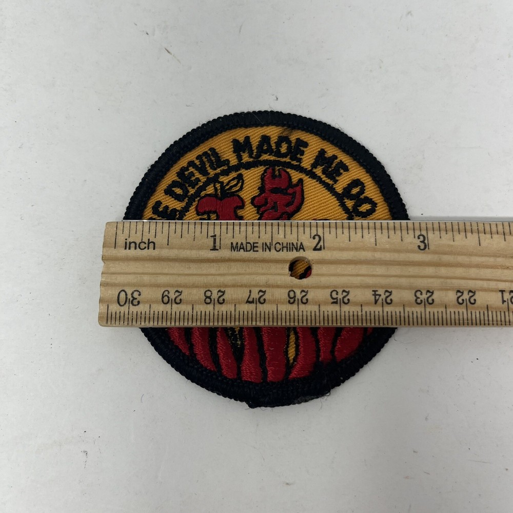 Vintage "The Devil Made Me Do It" 3", embroidered sew-on patch