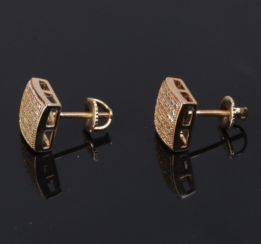Gold Plated Hip Hop Micro Pave 6 Rows CZ Stud Screw Back Earrings 9mm