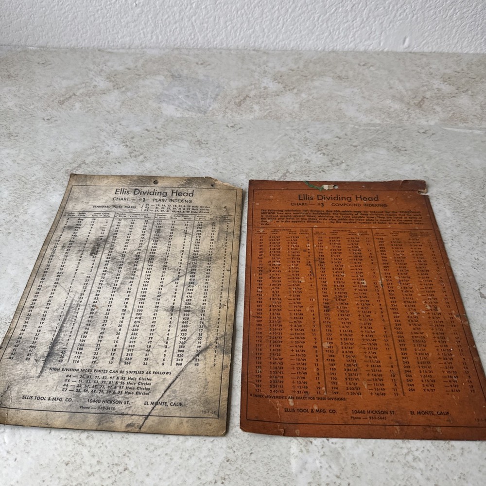 Dividing Head Plain Indexing And Compound Indexing Charts