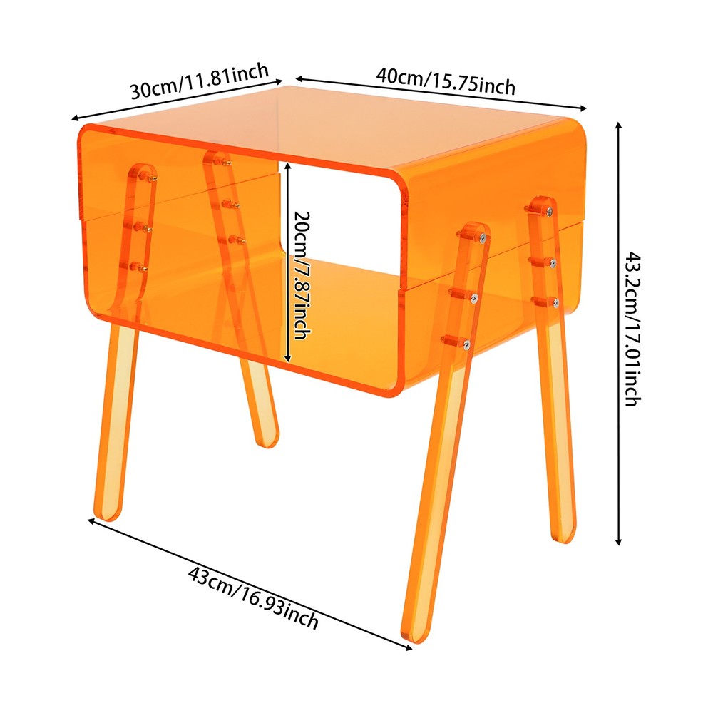 Acrylic Side Table, Orange 2-Tier End Table with Open Storage for Small Spaces
