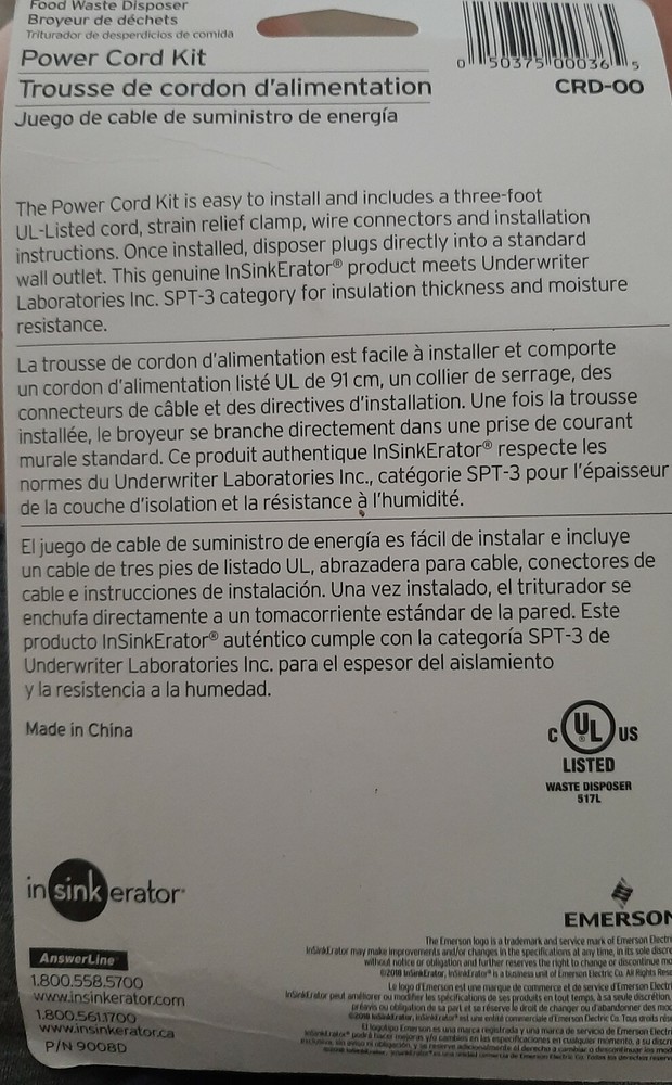 InSinkErator Power Cord Kit By Emerson #CRD-00~Badger~Evolution~Evergrind