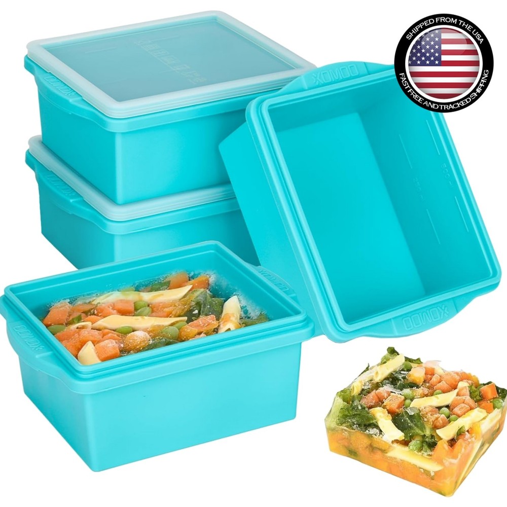 Silicone Freezer Trays with Lids 4 Pack 2 Cup Soup Portion Meal Prep Molds