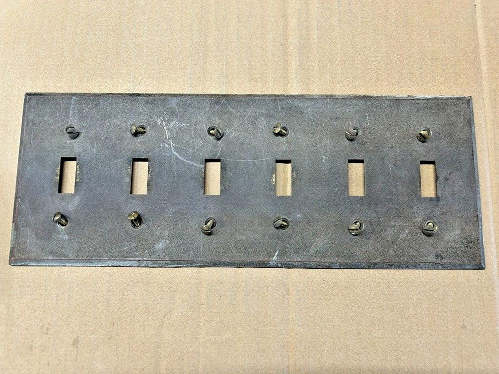 VINTAGE 6 GANG SOLID BRASS WALL SWITCH PLATE