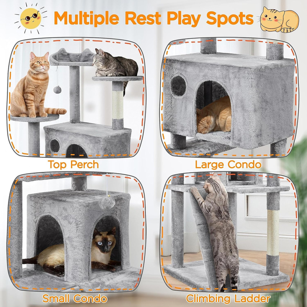 80" Tall Cat Tree with Scratching Posts, Caves, and Platforms - Light Gray