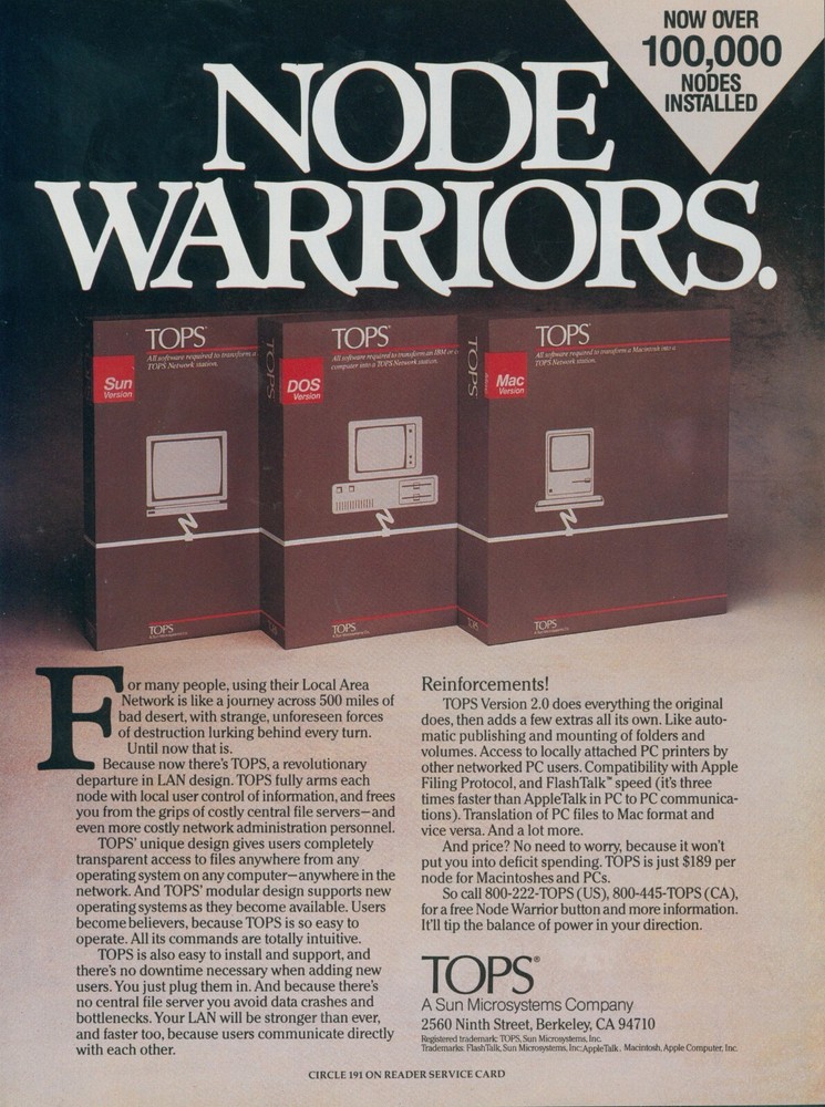 1988 TOPS Node Warriors Sun Microsystems Version 2.0 LAN Design Vtg Print Ad PC1