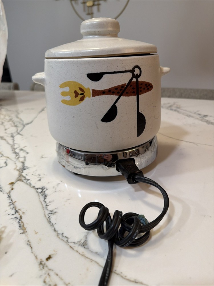 West Bend Bean Pot Crock + Chrome Warming Burner White Fork Spoons Vintage WORKS