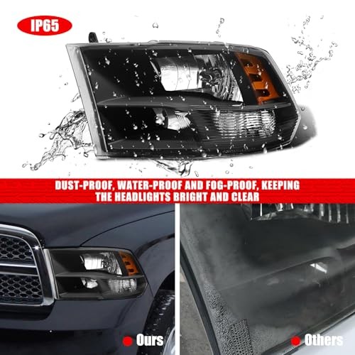 for 2009-2018 Dodge Ram Headlight Assembly Black Housing Amber Reflector