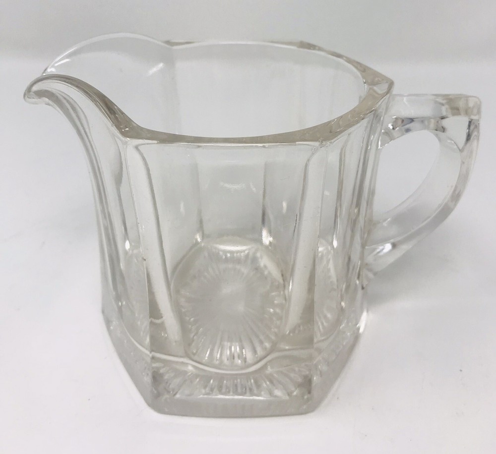 Vintage Clear Elegant Glass 6 Panel Hexagon Flat Panel Creamer 3 3/4”