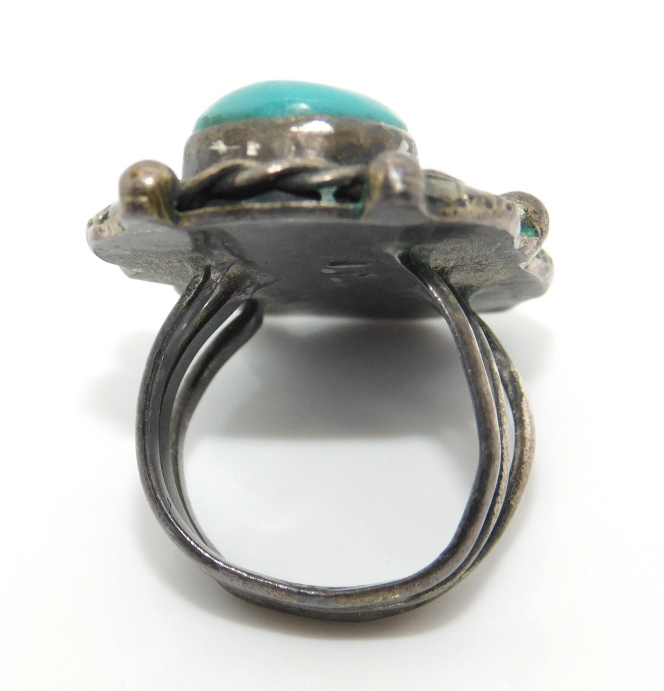 Native American Signed JF 925 Sterling Silver Turquoise & Leaf Ring SZ 6.25