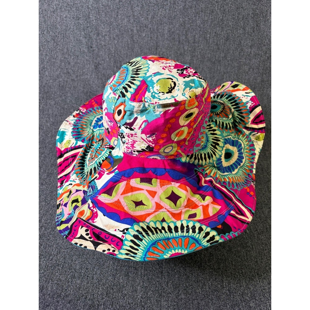 Multicolor Abstract Psychedelic Print Wide Brim Sun Hat Turquoise Lining Boho