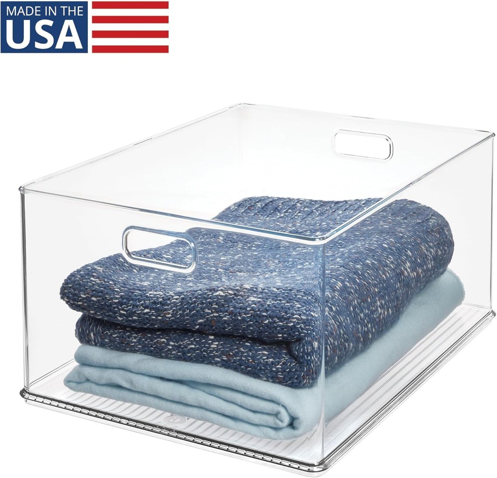 Recycled Plastic Stackable Storage Bin W/ Handles Clear