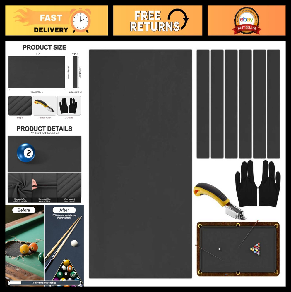 8ft Pool Table Felt Replacement Kit - Billiard Cloth, Gloves, Strips & Tools