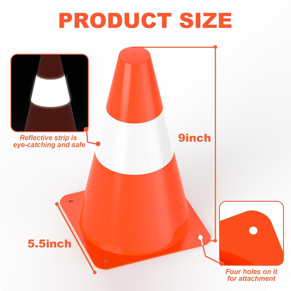 9 Inch Traffic Safety Cones with Reflective Collars, [4 Pack] Orange Constructio