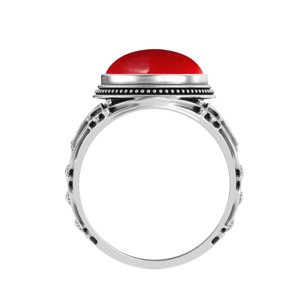 Solid 925 Sterling Silver Coral Gemstone Handmade Oval Ring For Men