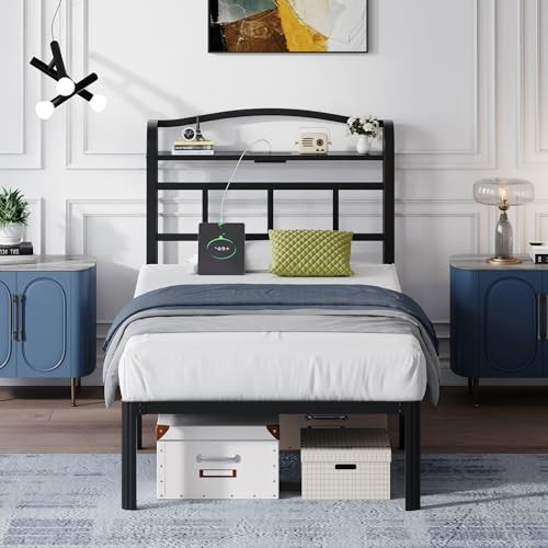 14 Inch Metal Bed Frame - Twin Size Black Heavy Duty Bedframe Platform Basic