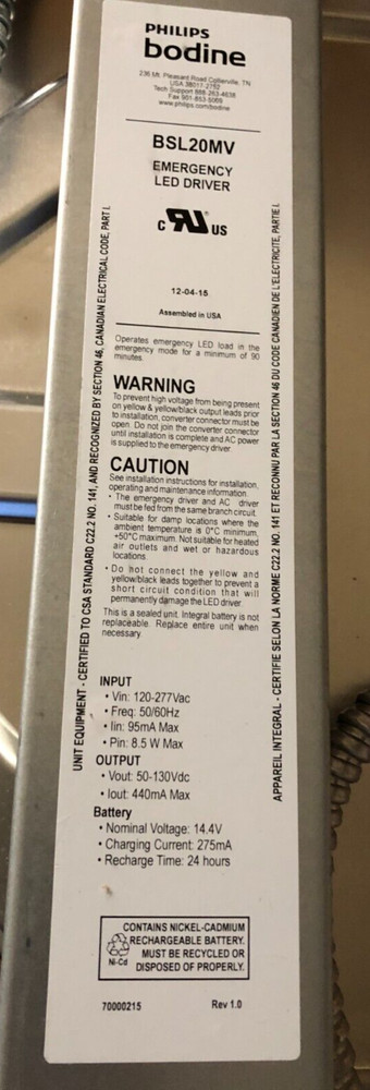 Philips Bodine BSL20MV Emergency LED Driver