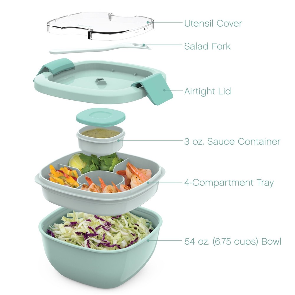 Salad Container Lunch Bowl Stackable Large 54-Oz Bentgo AQUA 4-Compartment