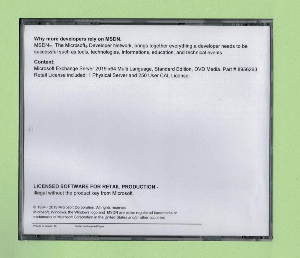 Microsoft Exchange Server 2019 Standard w Retail 250 CALs, New, Multilanguage