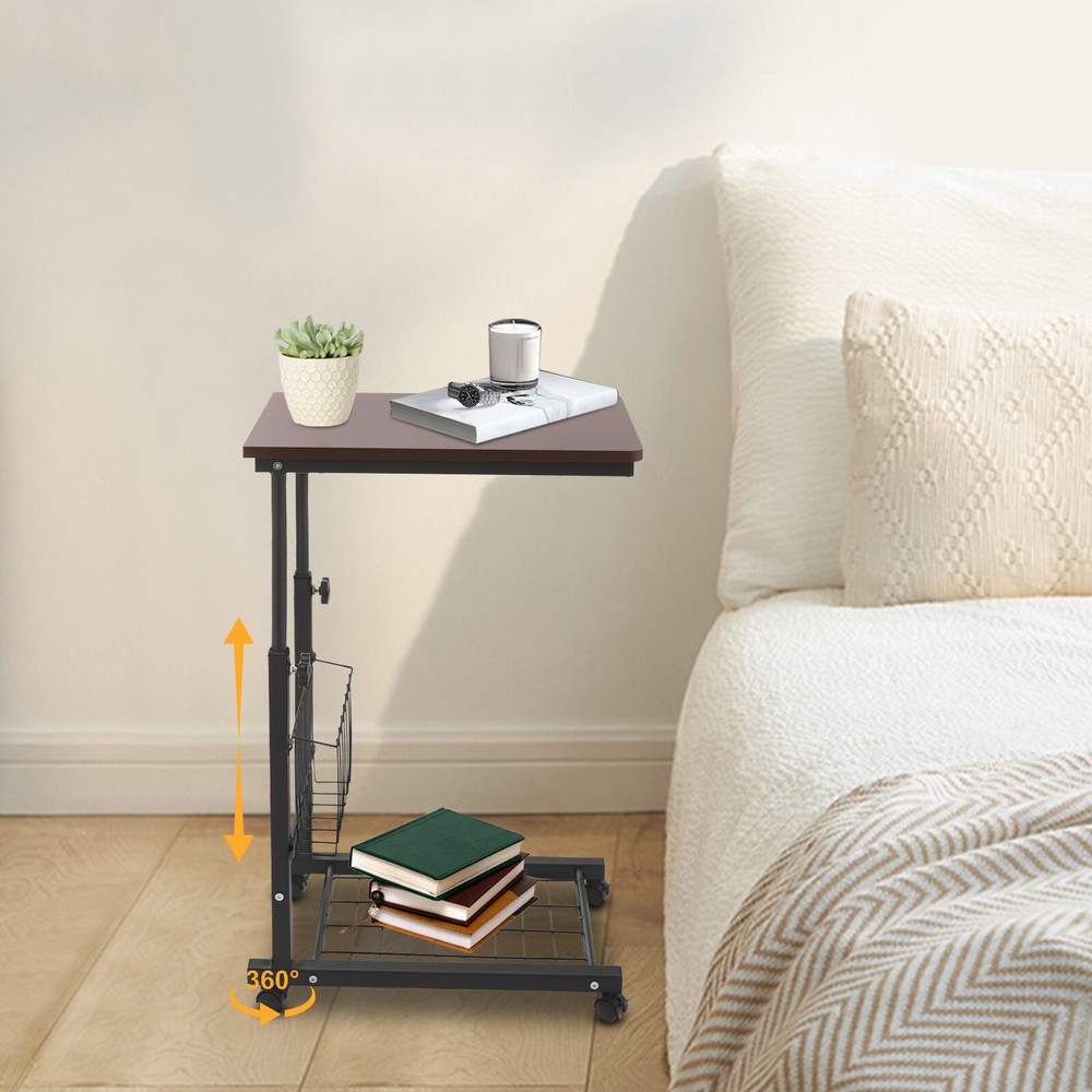 Height-Adjustable Side Table with Wheels for Bed and Home Use