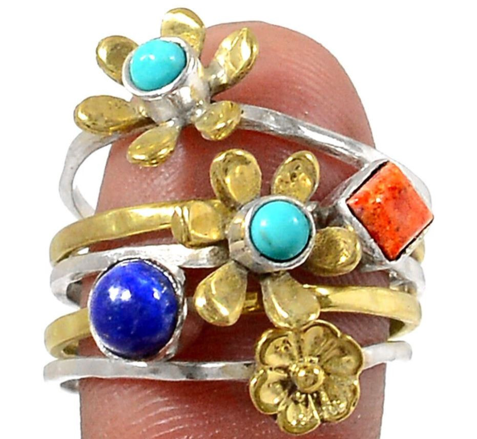 Stackable Ring - Lapis & Coral & Turq 925 Silver s.9