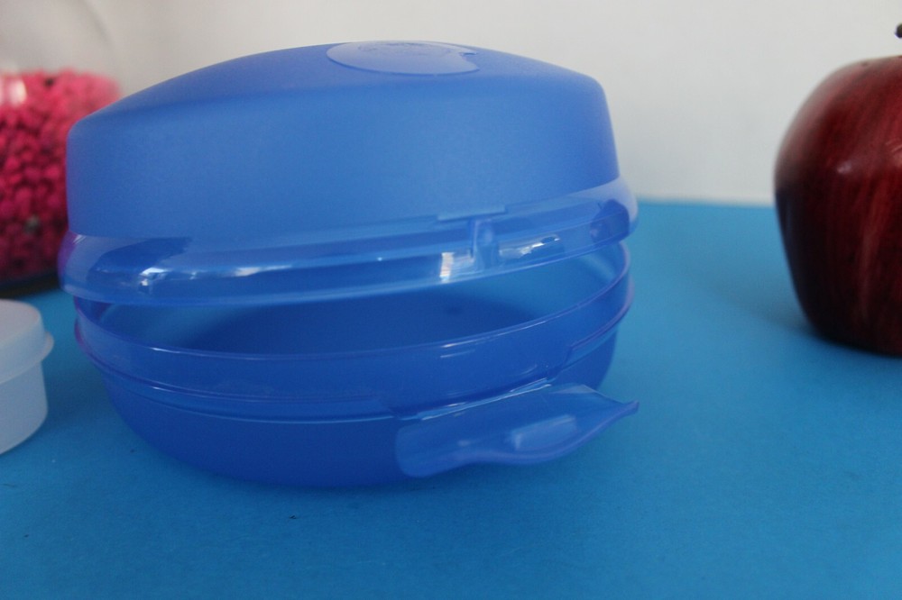 Tupperware BLUE Round SANDWICH Bagel KEEPER includes fitted condiment Smidget