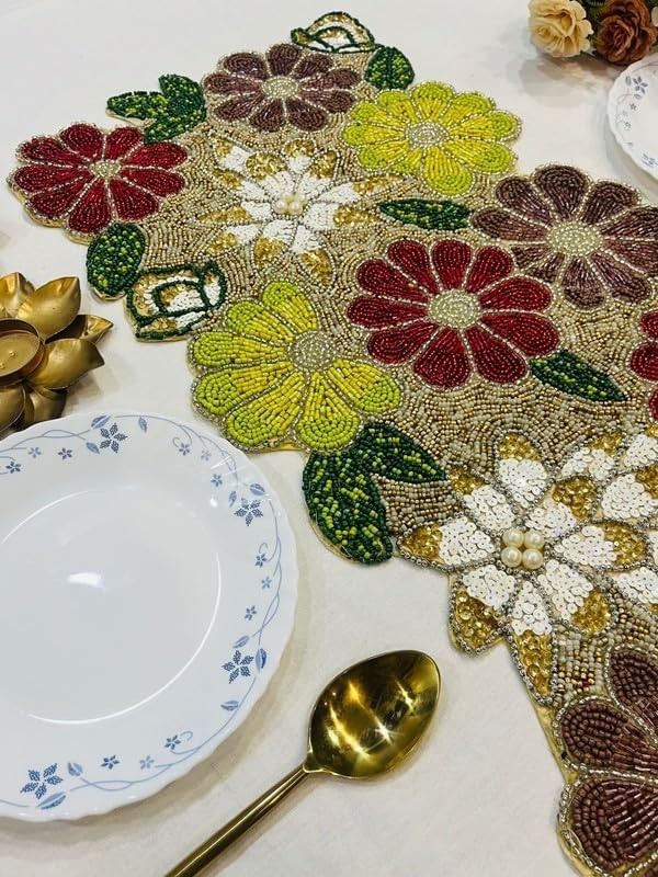 TBS Multi Color Beads Floral Runner | Handmade | Dining Coffee Table Decor Gift