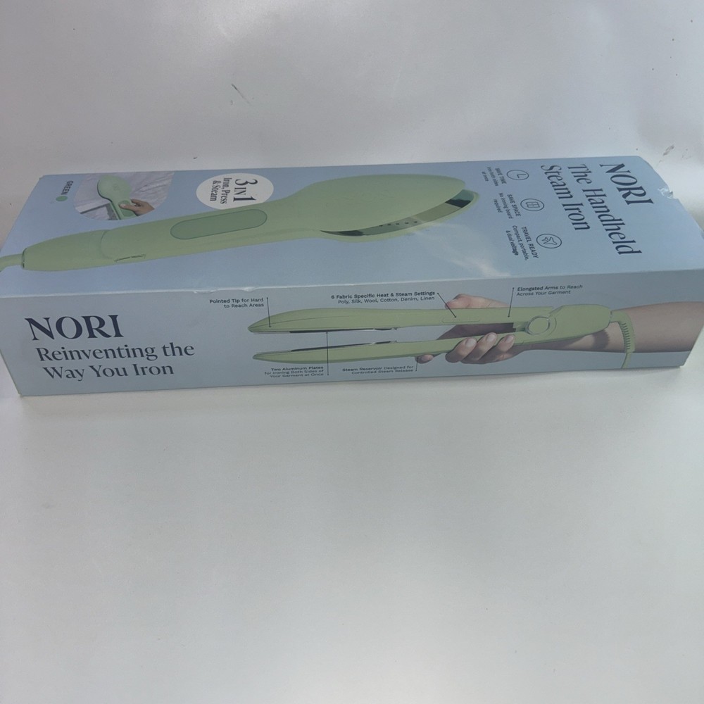 - Handheld iron with optional steam function - No ironing board required - Green