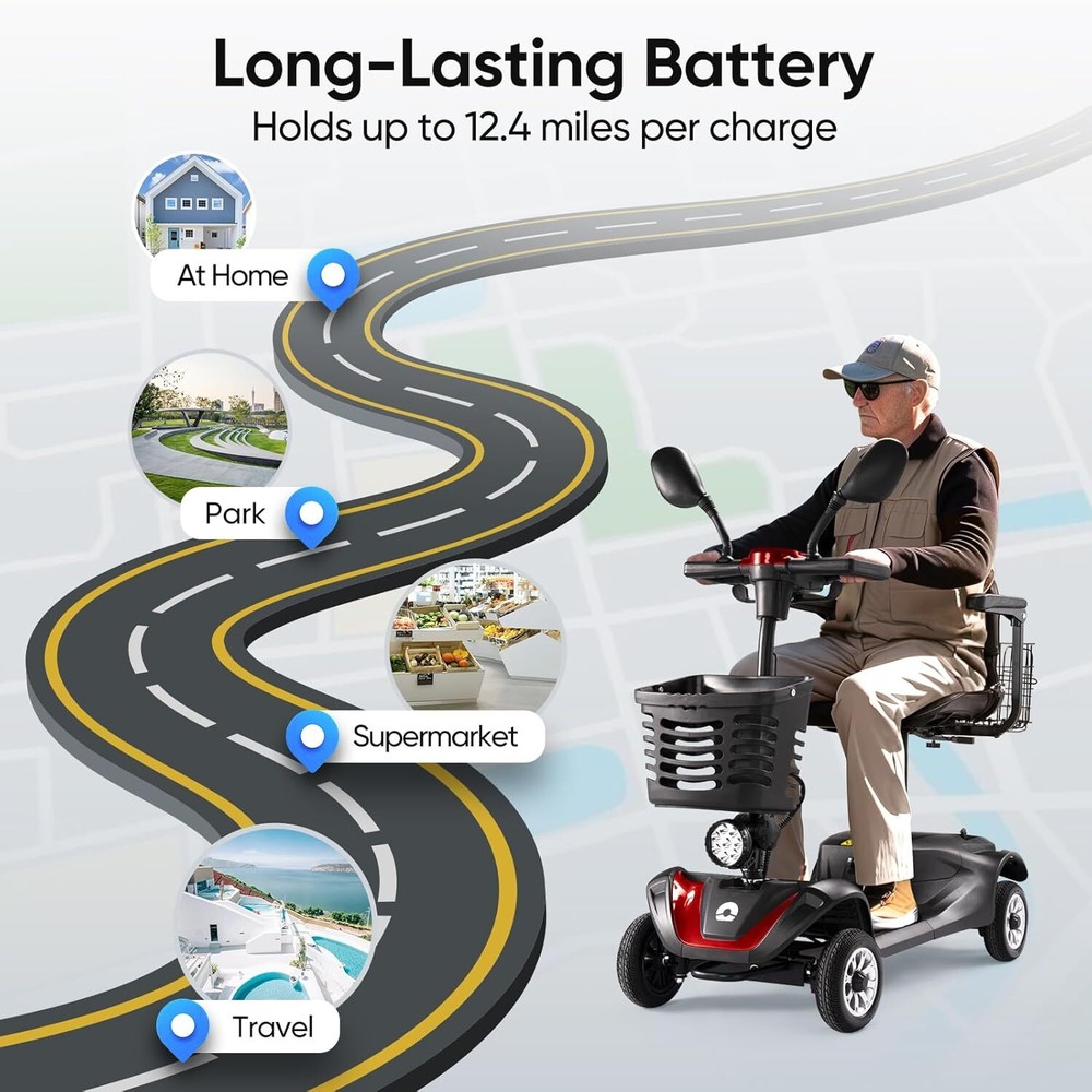 4 Wheels Mobility Scooter Long Range All Terrain LED Headlights With Two baskets