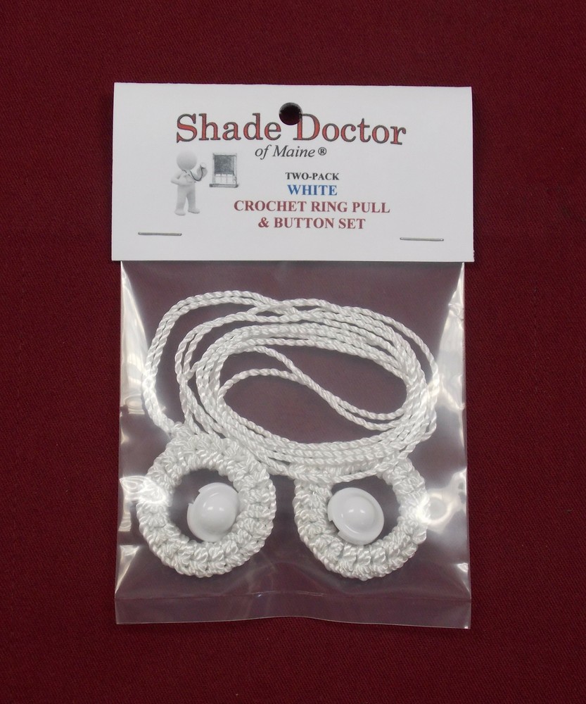 Roller Window Shade WHITE Double Crochet RING PULLS with Higbee Buttons (2-Pack)