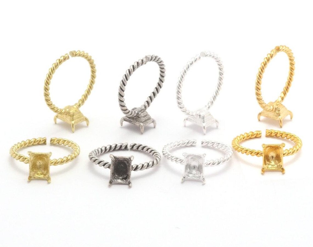 Octagon Twisted Base Bezel Adjustable Ring Shiny Silver-Gold raw brass 5048