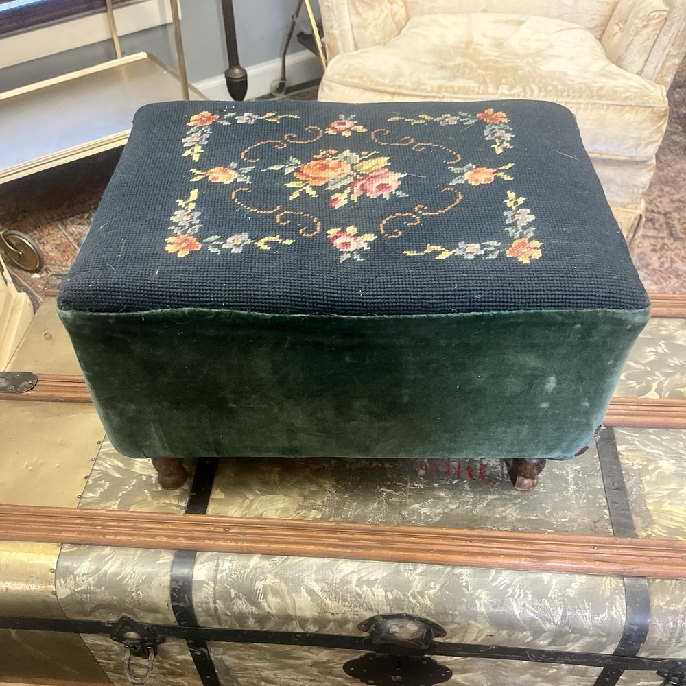 Vintage Floral Needlepoint Footstool Wool Rectangular Victorian w/ Flowers