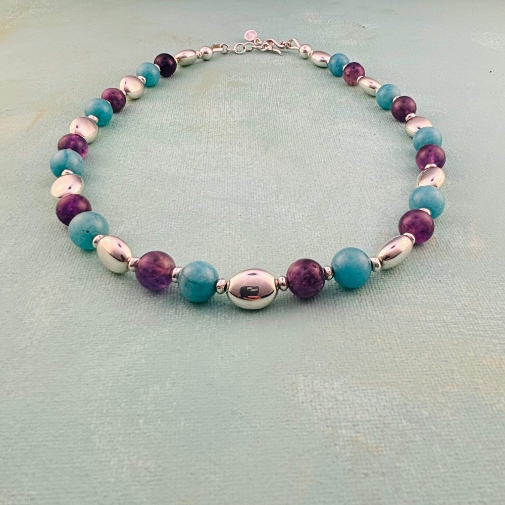 Amazonite Amethyst Sterling Silver Beaded Necklace - 20 in