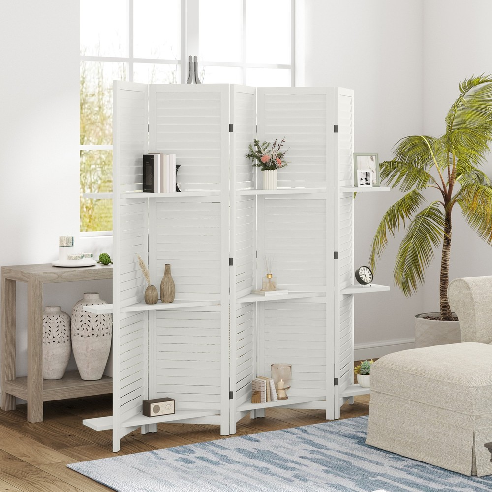 5 Panel Privacy Screen, Room Divider with 3 Shelves White