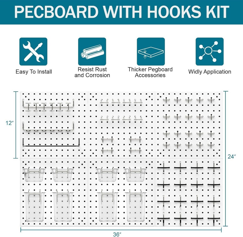 Peg Board Kit, Includes Pegboard and Accessories,with Hooks and Bins,Peg Boar...