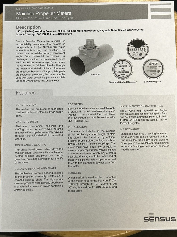 14” Mainline Propeller Meter Sensus Model 112 PExPE EROFI HEAD, HET PULSE TRANS