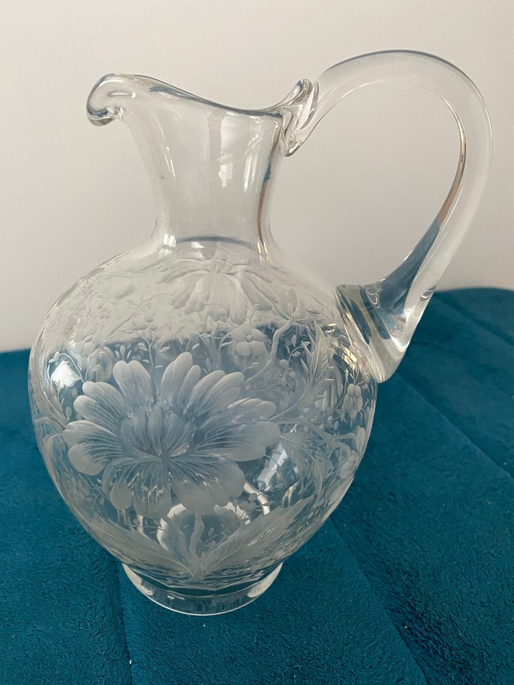 Signed Wagner Floral Etched Glass Pitcher