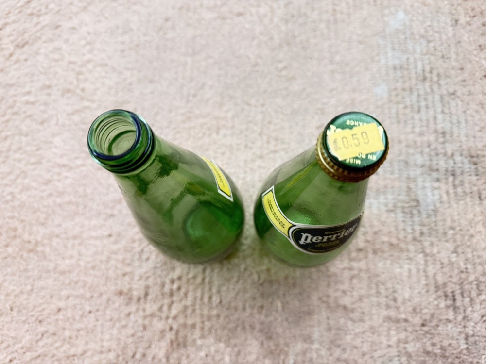 2 x Empty Vintage Perrier Green Glass Bottles – 75cl